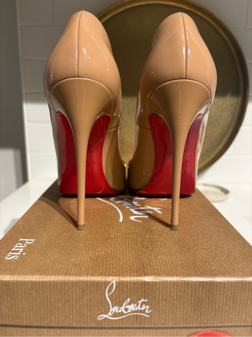 Christian Louboutin Nude Patent Stiletto Pumps with Red Soles
